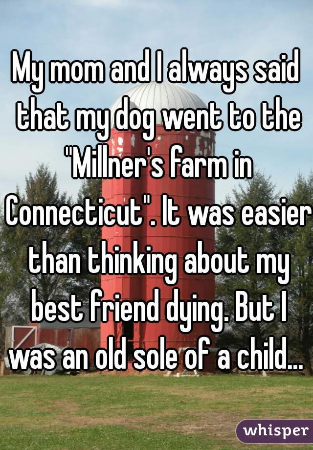 My mom and I always said that my dog went to the "Millner's farm in Connecticut". It was easier than thinking about my best friend dying. But I was an old sole of a child... 