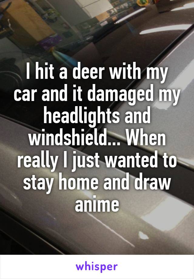 I hit a deer with my car and it damaged my headlights and windshield... When really I just wanted to stay home and draw anime