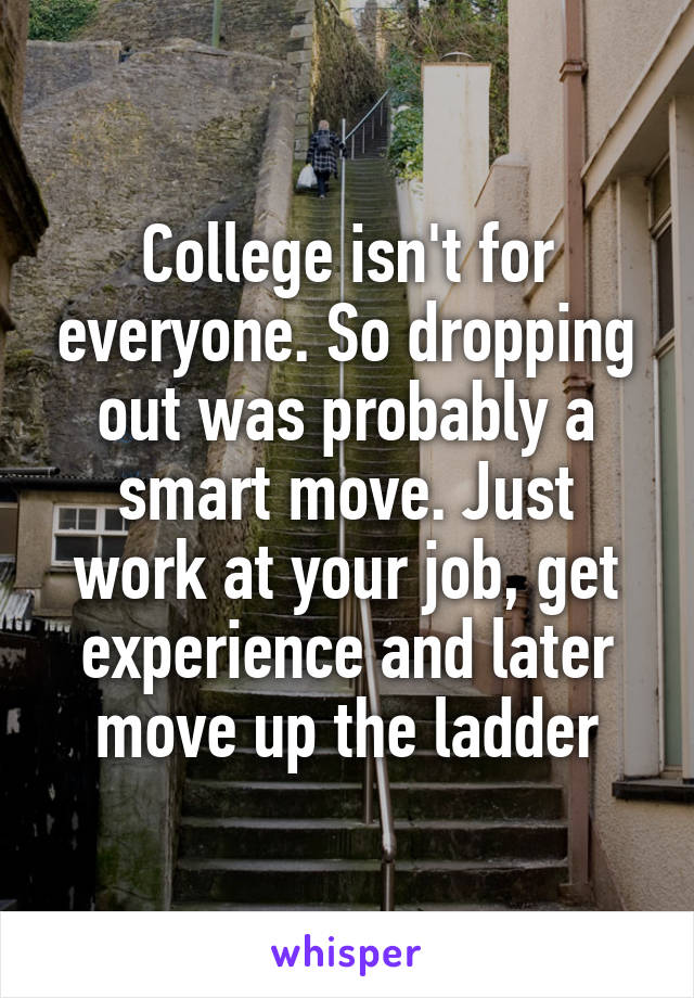 College isn't for everyone. So dropping out was probably a smart move. Just work at your job, get experience and later move up the ladder