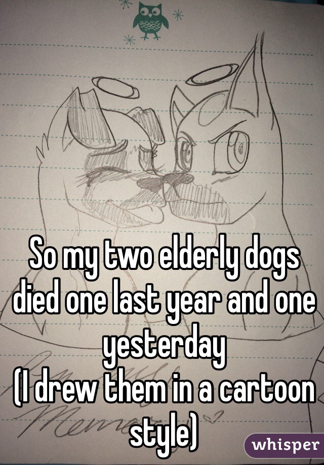 So my two elderly dogs died one last year and one yesterday 
(I drew them in a cartoon style)