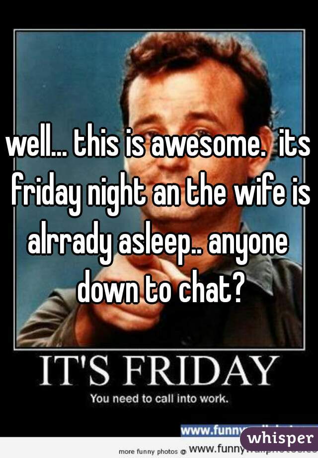 well... this is awesome.  its friday night an the wife is alrrady asleep.. anyone  down to chat?
