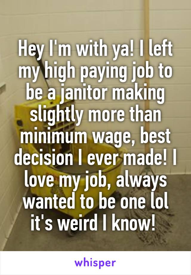 Hey I'm with ya! I left my high paying job to be a janitor making slightly more than minimum wage, best decision I ever made! I love my job, always wanted to be one lol it's weird I know! 