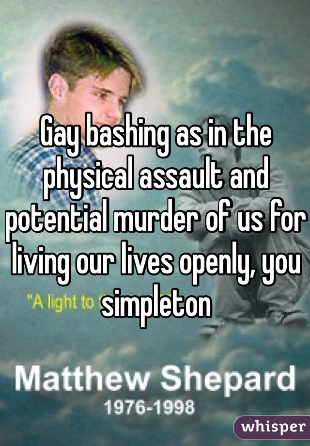 Gay bashing as in the physical assault and potential murder of us for living our lives openly, you simpleton