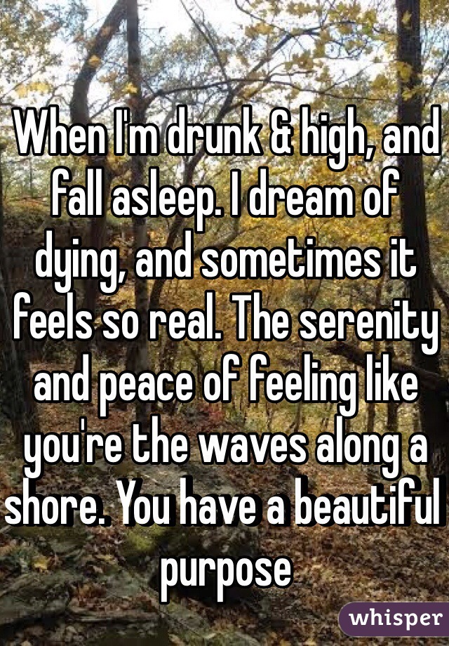 When I'm drunk & high, and fall asleep. I dream of dying, and sometimes it feels so real. The serenity and peace of feeling like you're the waves along a shore. You have a beautiful purpose