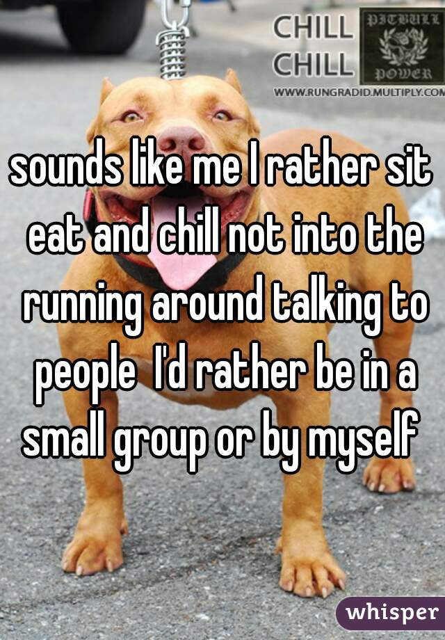 sounds like me I rather sit eat and chill not into the running around talking to people  I'd rather be in a small group or by myself 