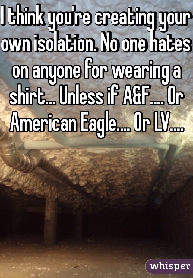 I think you're creating your own isolation. No one hates on anyone for wearing a shirt... Unless if A&F.... Or American Eagle.... Or LV.... 