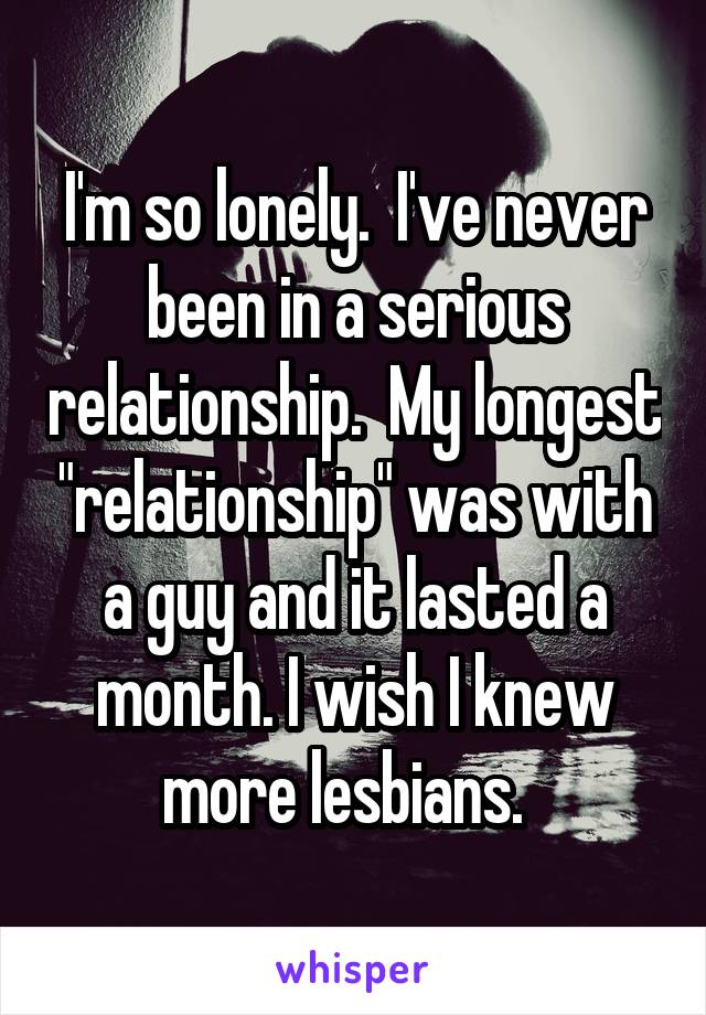 I'm so lonely.  I've never been in a serious relationship.  My longest "relationship" was with a guy and it lasted a month. I wish I knew more lesbians.  