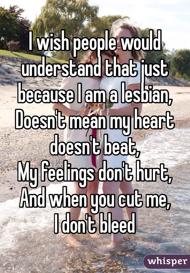 I wish people would understand that just because I am a lesbian,
Doesn't mean my heart doesn't beat,
My feelings don't hurt,
And when you cut me,
I don't bleed 