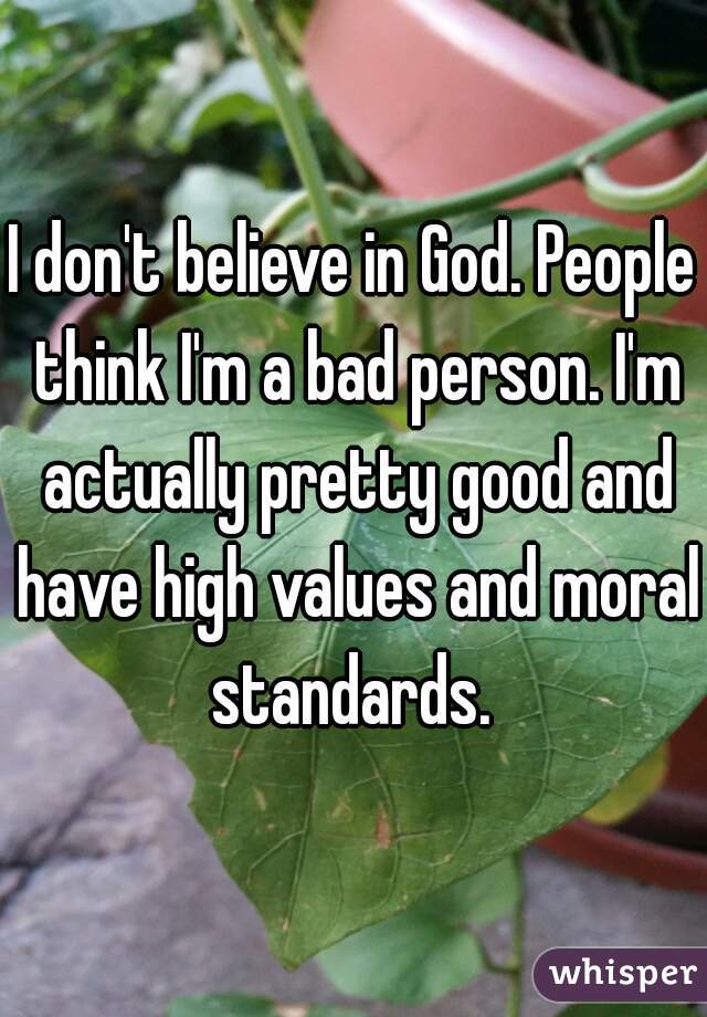I don't believe in God. People think I'm a bad person. I'm actually pretty good and have high values and moral standards. 