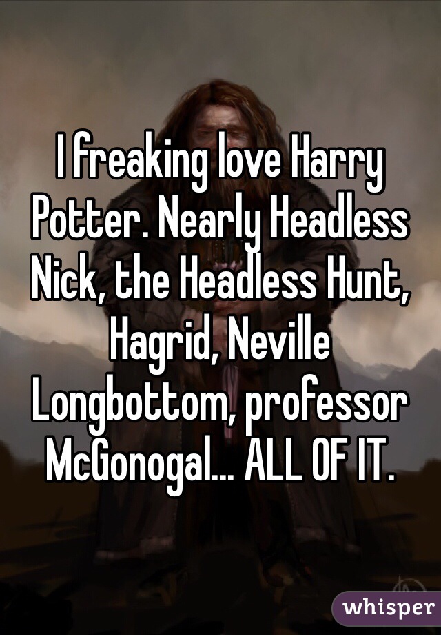 I freaking love Harry Potter. Nearly Headless Nick, the Headless Hunt, Hagrid, Neville Longbottom, professor McGonogal... ALL OF IT. 