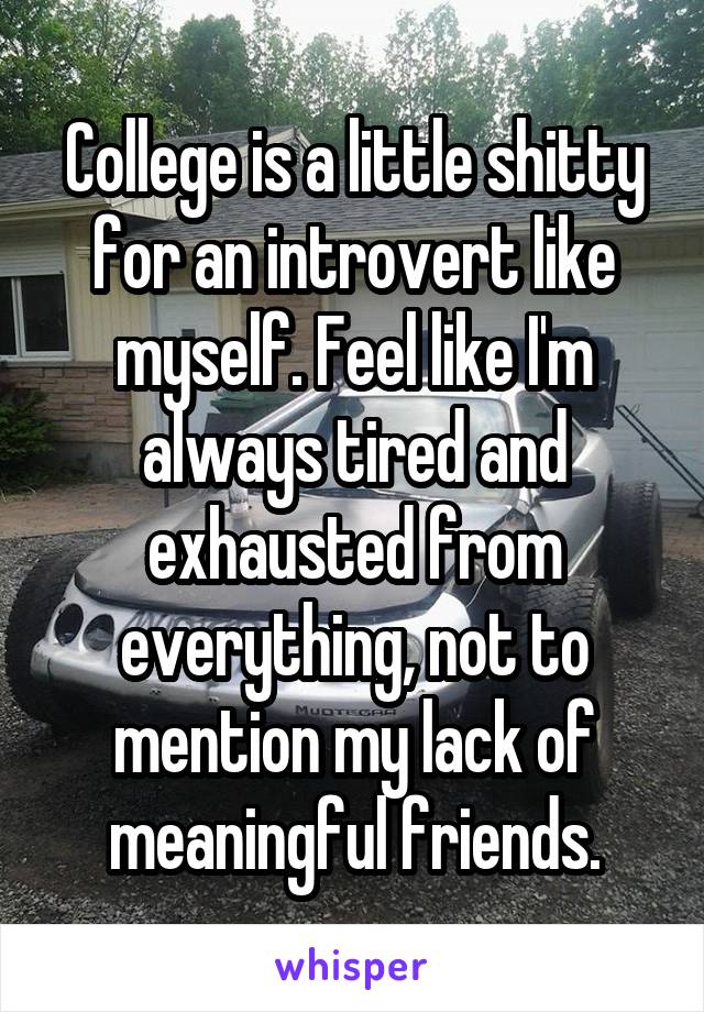 College is a little shitty for an introvert like myself. Feel like I'm always tired and exhausted from everything, not to mention my lack of meaningful friends.