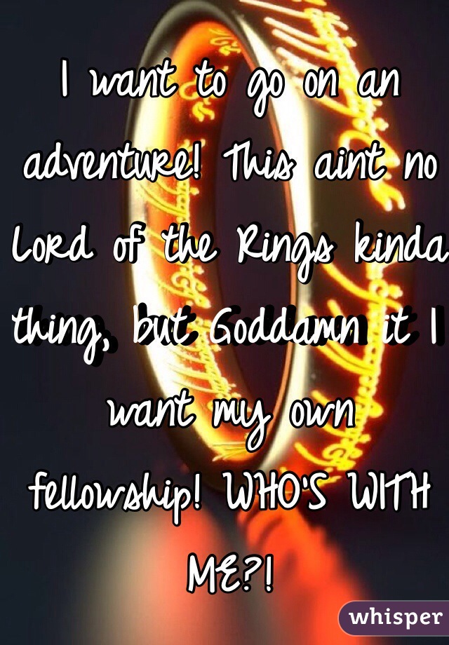 I want to go on an adventure! This aint no Lord of the Rings kinda thing, but Goddamn it I want my own fellowship! WHO'S WITH ME?!