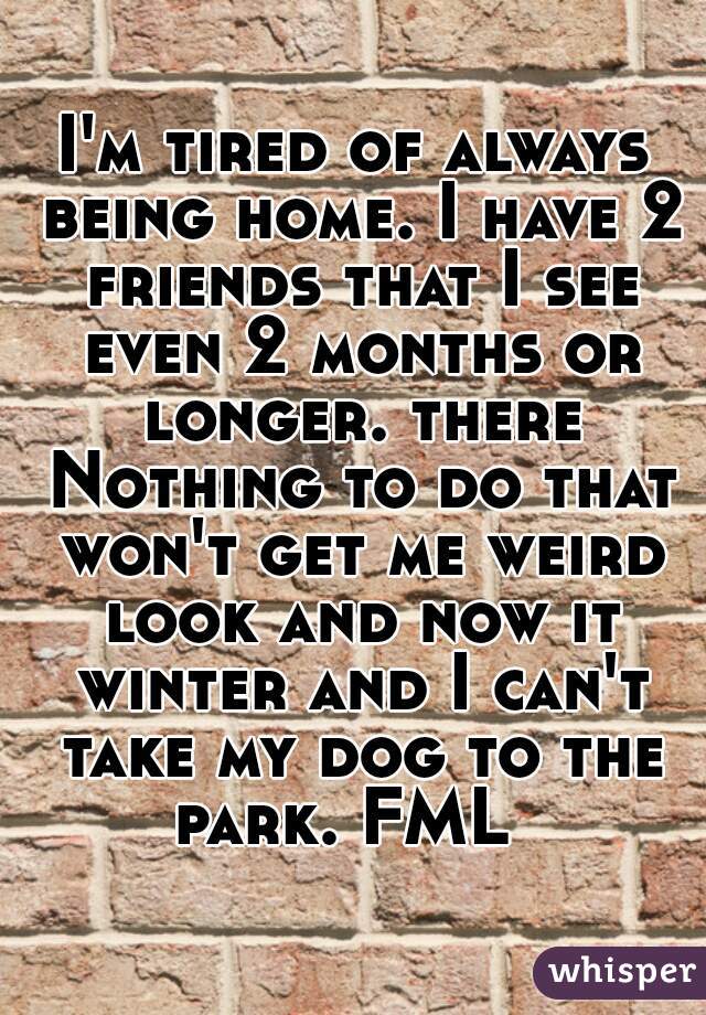 I'm tired of always being home. I have 2 friends that I see even 2 months or longer. there Nothing to do that won't get me weird look and now it winter and I can't take my dog to the park. FML  
