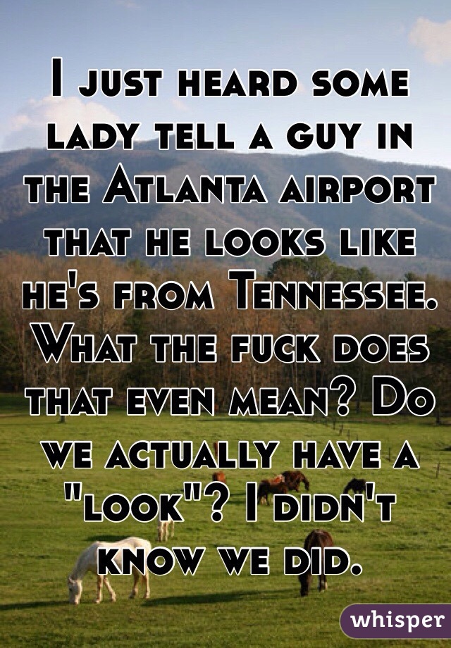 I just heard some lady tell a guy in the Atlanta airport that he looks like he's from Tennessee. What the fuck does that even mean? Do we actually have a "look"? I didn't know we did.