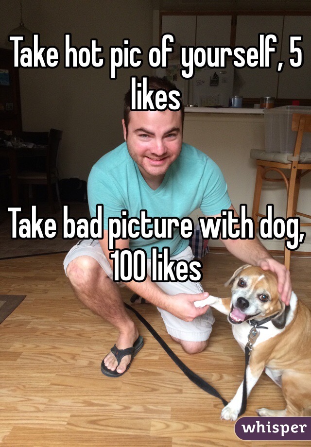 Take hot pic of yourself, 5 likes


Take bad picture with dog, 100 likes