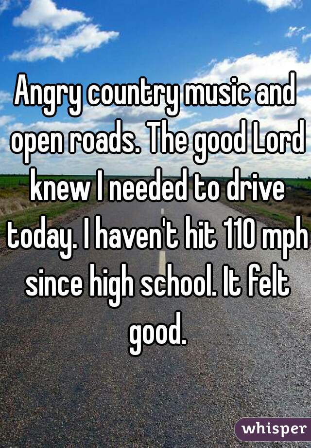 Angry country music and open roads. The good Lord knew I needed to drive today. I haven't hit 110 mph since high school. It felt good.