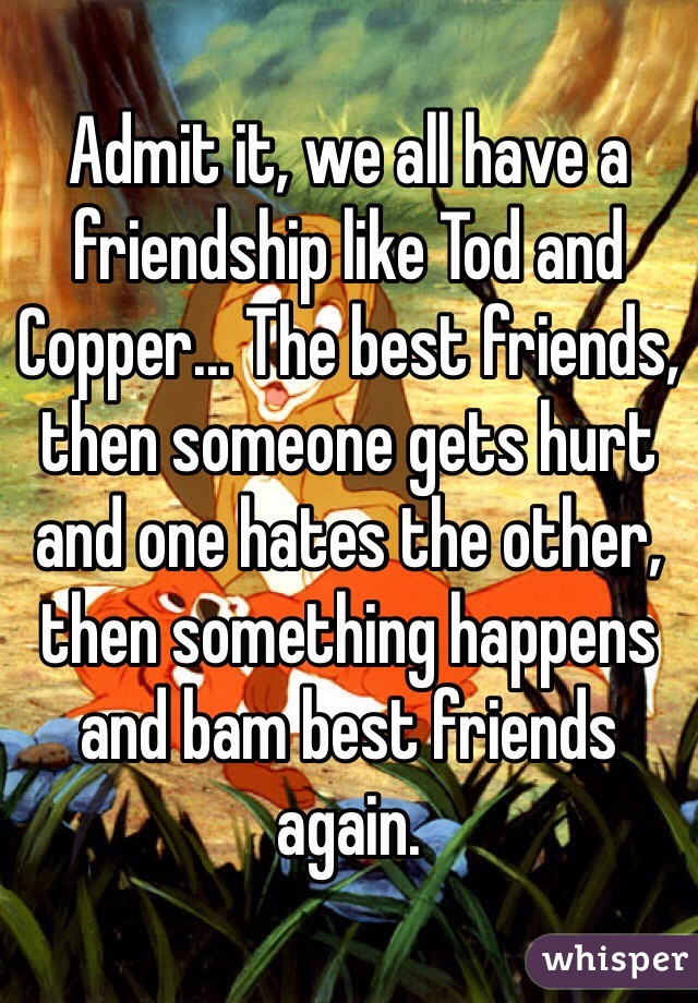 Admit it, we all have a friendship like Tod and Copper... The best friends, then someone gets hurt and one hates the other, then something happens and bam best friends again.  