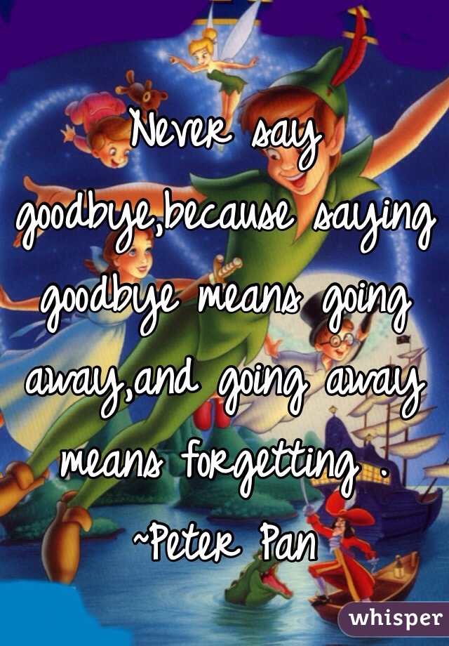 Never say goodbye,because saying goodbye means going away,and going away means forgetting .
~Peter Pan
