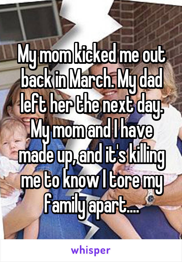 My mom kicked me out back in March. My dad left her the next day. My mom and I have made up, and it's killing me to know I tore my family apart....