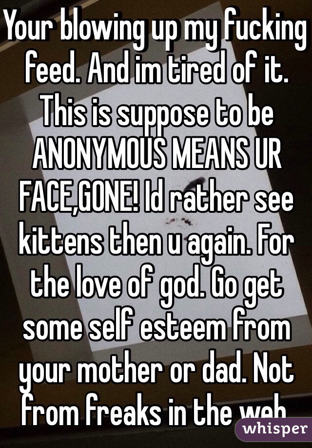 Your blowing up my fucking feed. And im tired of it. This is suppose to be ANONYMOUS MEANS UR FACE,GONE! Id rather see kittens then u again. For the love of god. Go get some self esteem from your mother or dad. Not from freaks in the web. 