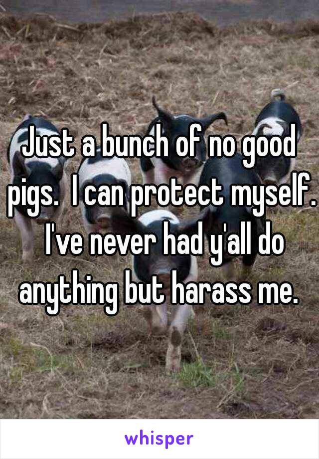 Just a bunch of no good pigs.  I can protect myself.  I've never had y'all do anything but harass me. 