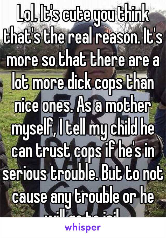 Lol. It's cute you think that's the real reason. It's more so that there are a lot more dick cops than nice ones. As a mother myself, I tell my child he can trust cops if he's in serious trouble. But to not cause any trouble or he will go to jail. 