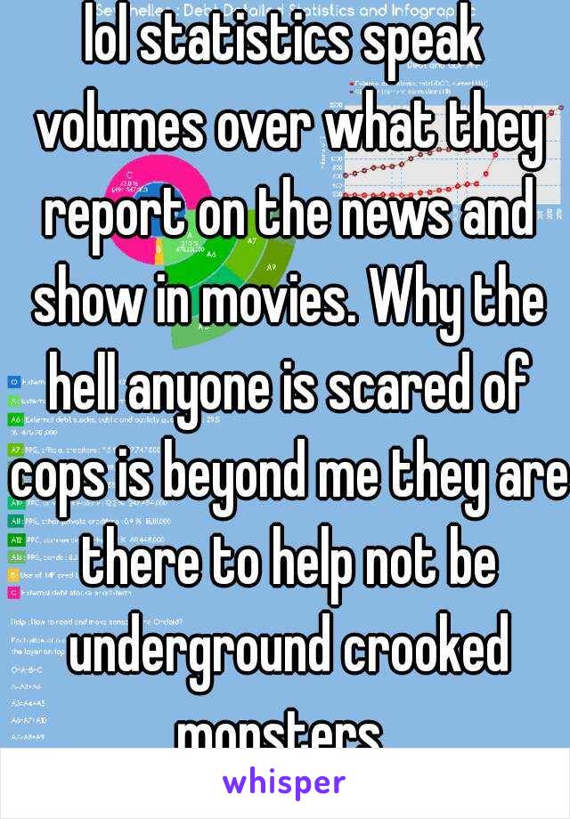 lol statistics speak volumes over what they report on the news and show in movies. Why the hell anyone is scared of cops is beyond me they are there to help not be underground crooked monsters. 