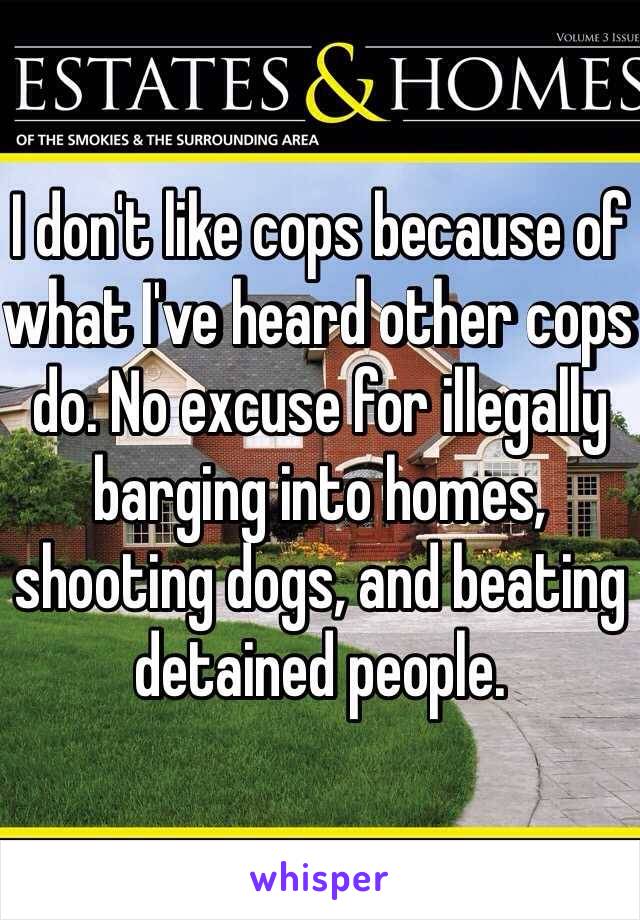 I don't like cops because of what I've heard other cops do. No excuse for illegally barging into homes, shooting dogs, and beating detained people. 