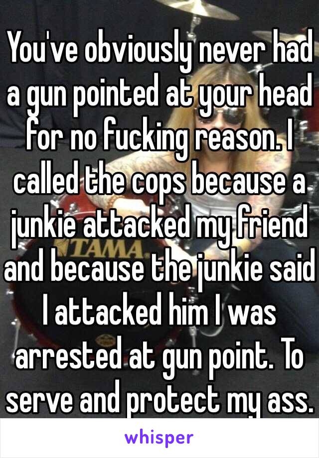 You've obviously never had a gun pointed at your head for no fucking reason. I called the cops because a junkie attacked my friend and because the junkie said I attacked him I was arrested at gun point. To serve and protect my ass.