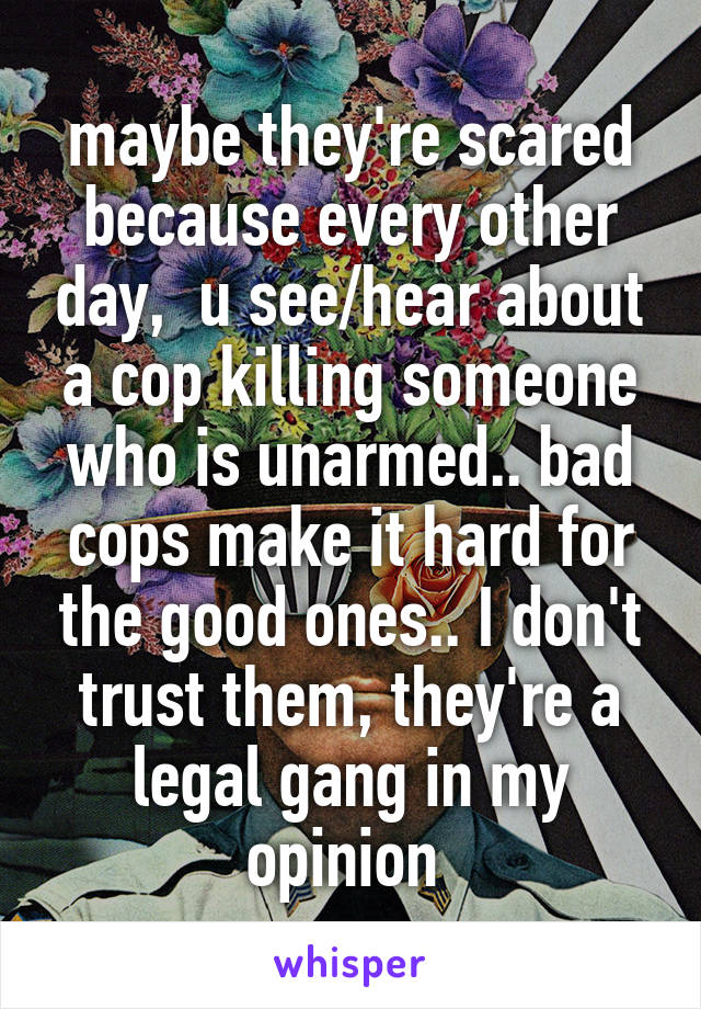 maybe they're scared because every other day,  u see/hear about a cop killing someone who is unarmed.. bad cops make it hard for the good ones.. I don't trust them, they're a legal gang in my opinion 