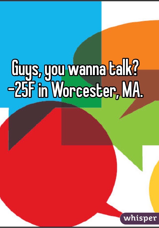 Guys, you wanna talk?
-25F in Worcester, MA. 