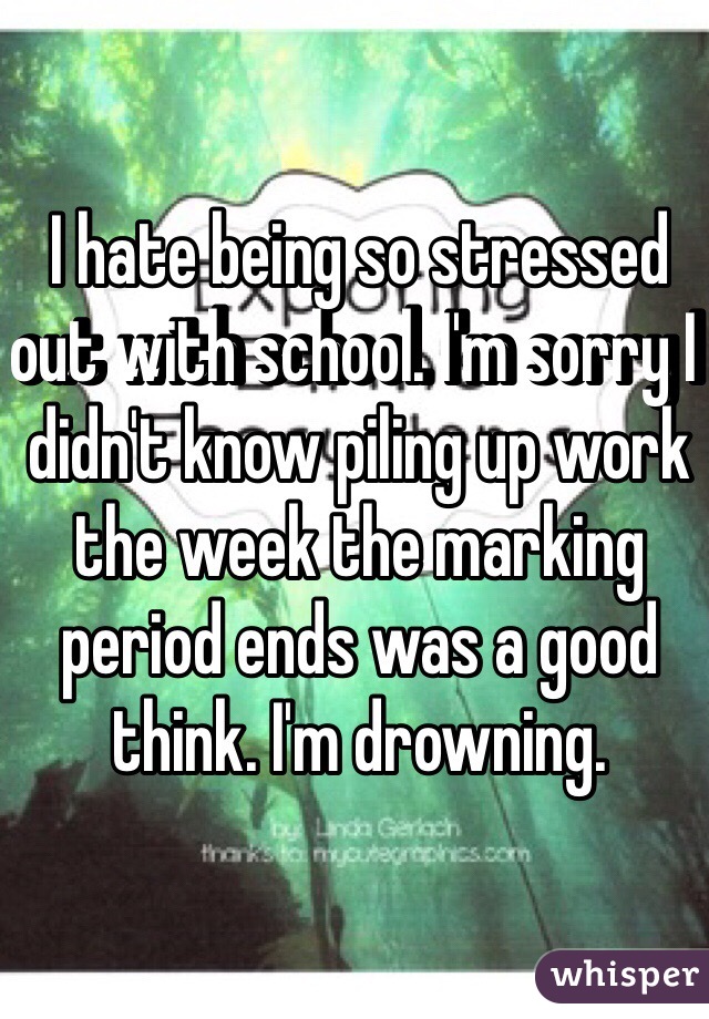 I hate being so stressed out with school. I'm sorry I didn't know piling up work the week the marking period ends was a good think. I'm drowning. 