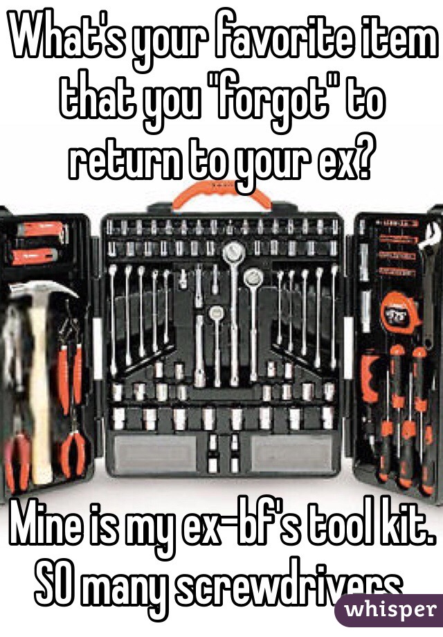 What's your favorite item that you "forgot" to return to your ex?





Mine is my ex-bf's tool kit. SO many screwdrivers.
