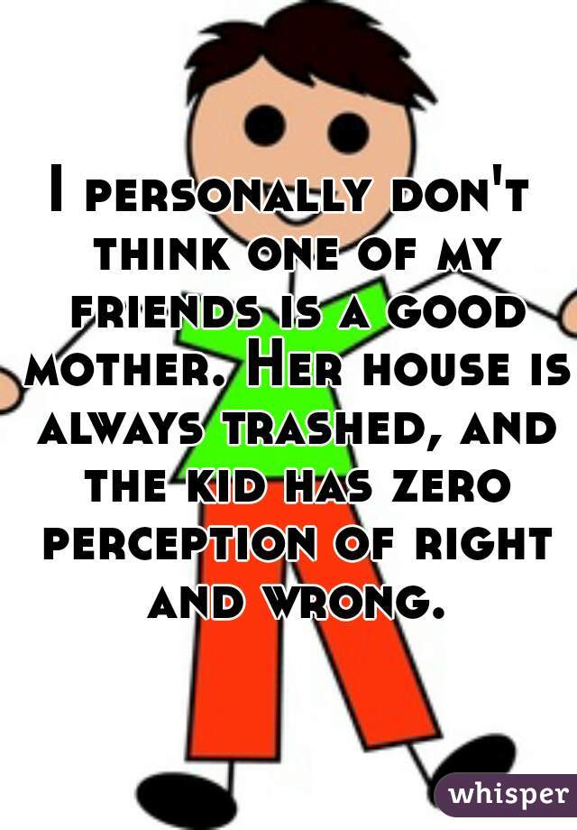I personally don't think one of my friends is a good mother. Her house is always trashed, and the kid has zero perception of right and wrong.