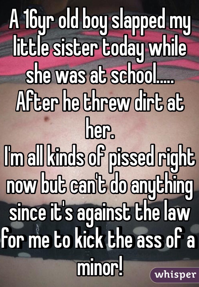 A 16yr old boy slapped my little sister today while she was at school.....
After he threw dirt at her. 
I'm all kinds of pissed right now but can't do anything since it's against the law for me to kick the ass of a minor! 