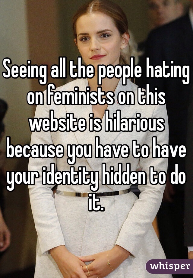 Seeing all the people hating on feminists on this website is hilarious because you have to have your identity hidden to do it.  