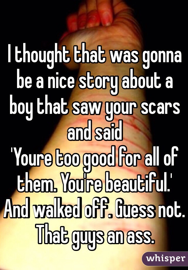 I thought that was gonna be a nice story about a boy that saw your scars and said
'Youre too good for all of them. You're beautiful.'
And walked off. Guess not. That guys an ass.