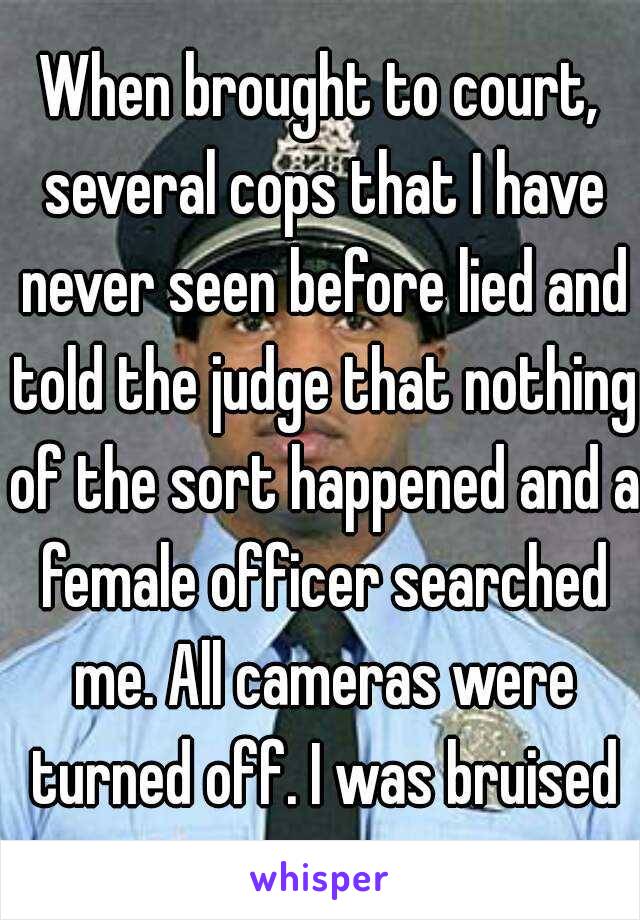 When brought to court, several cops that I have never seen before lied and told the judge that nothing of the sort happened and a female officer searched me. All cameras were turned off. I was bruised