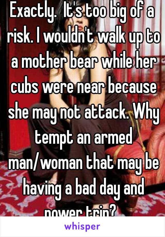 Exactly.  It's too big of a risk. I wouldn't walk up to a mother bear while her cubs were near because she may not attack. Why tempt an armed man/woman that may be having a bad day and power trip?  