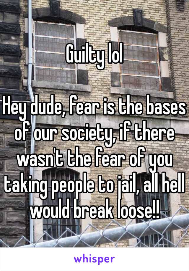 Guilty lol

Hey dude, fear is the bases of our society, if there wasn't the fear of you taking people to jail, all hell would break loose!!