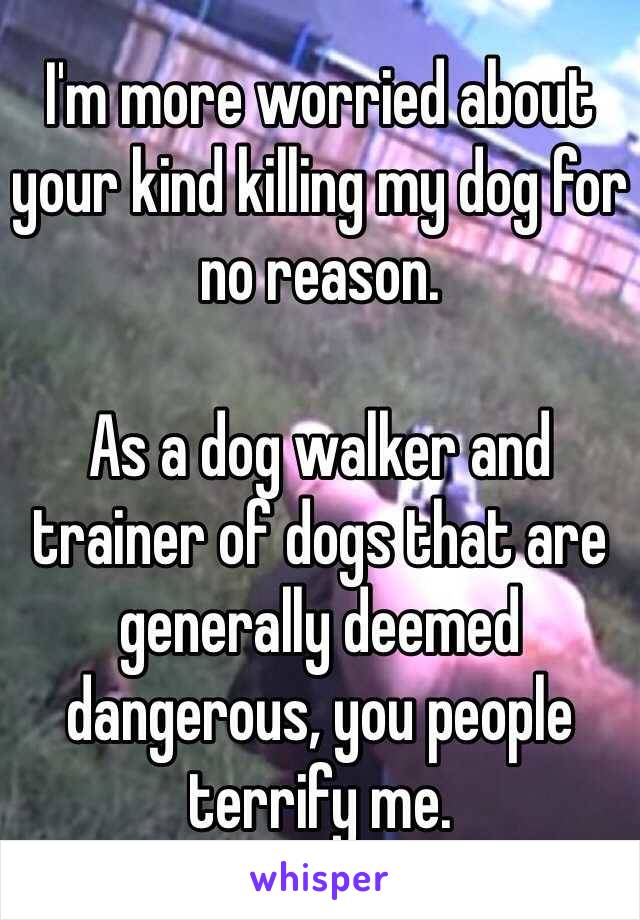 I'm more worried about your kind killing my dog for no reason.

As a dog walker and trainer of dogs that are generally deemed dangerous, you people terrify me. 