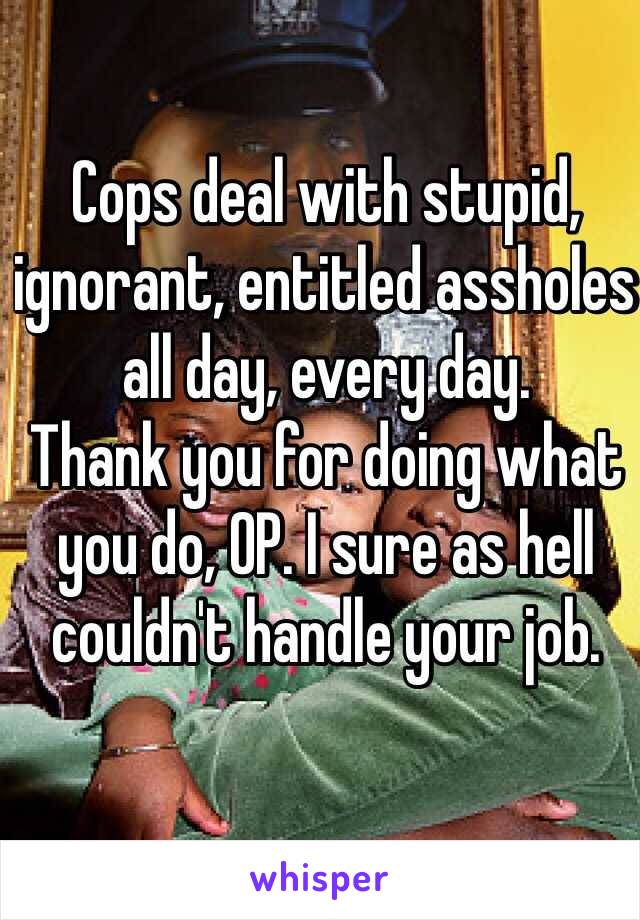 Cops deal with stupid, ignorant, entitled assholes all day, every day. 
Thank you for doing what you do, OP. I sure as hell couldn't handle your job. 