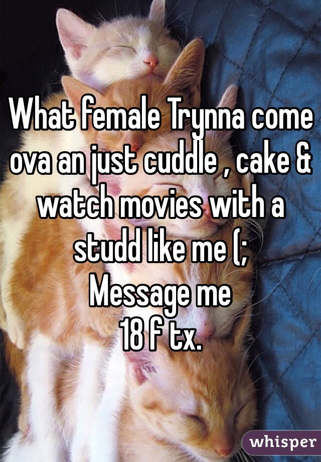 What female Trynna come ova an just cuddle , cake & watch movies with a studd like me (;
Message me 
18 f tx.