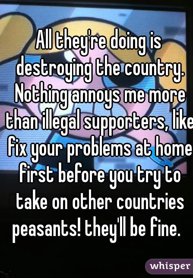 All they're doing is destroying the country. Nothing annoys me more than illegal supporters, like fix your problems at home first before you try to take on other countries peasants! they'll be fine.  
