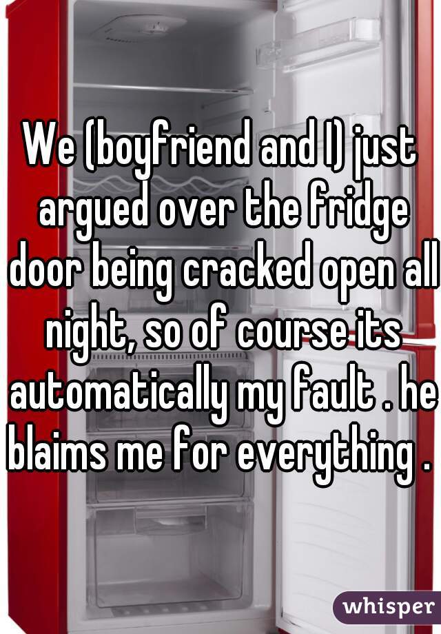 We (boyfriend and I) just argued over the fridge door being cracked open all night, so of course its automatically my fault . he blaims me for everything .  