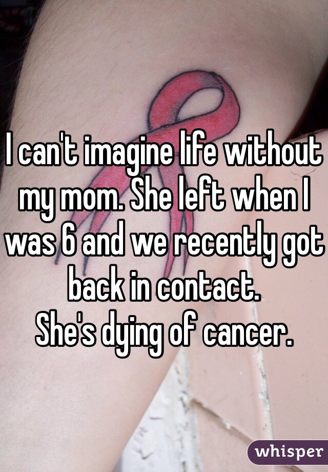 I can't imagine life without my mom. She left when I was 6 and we recently got back in contact.
She's dying of cancer.
