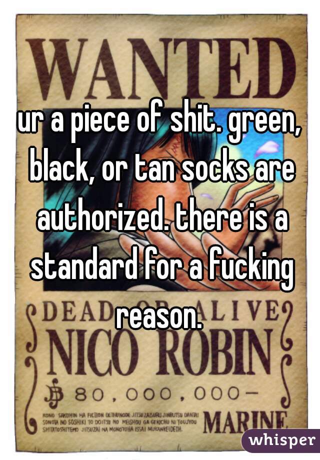 ur a piece of shit. green, black, or tan socks are authorized. there is a standard for a fucking reason. 
