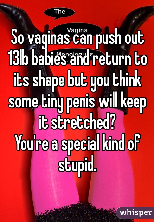 So vaginas can push out 13lb babies and return to its shape but you think some tiny penis will keep it stretched? 
You're a special kind of stupid.