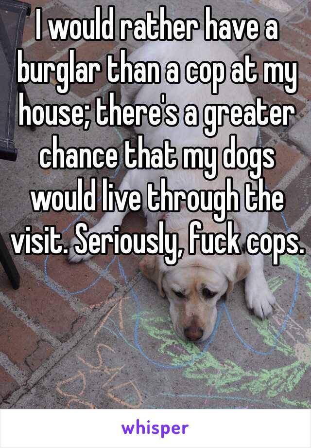 I would rather have a burglar than a cop at my house; there's a greater chance that my dogs would live through the visit. Seriously, fuck cops.