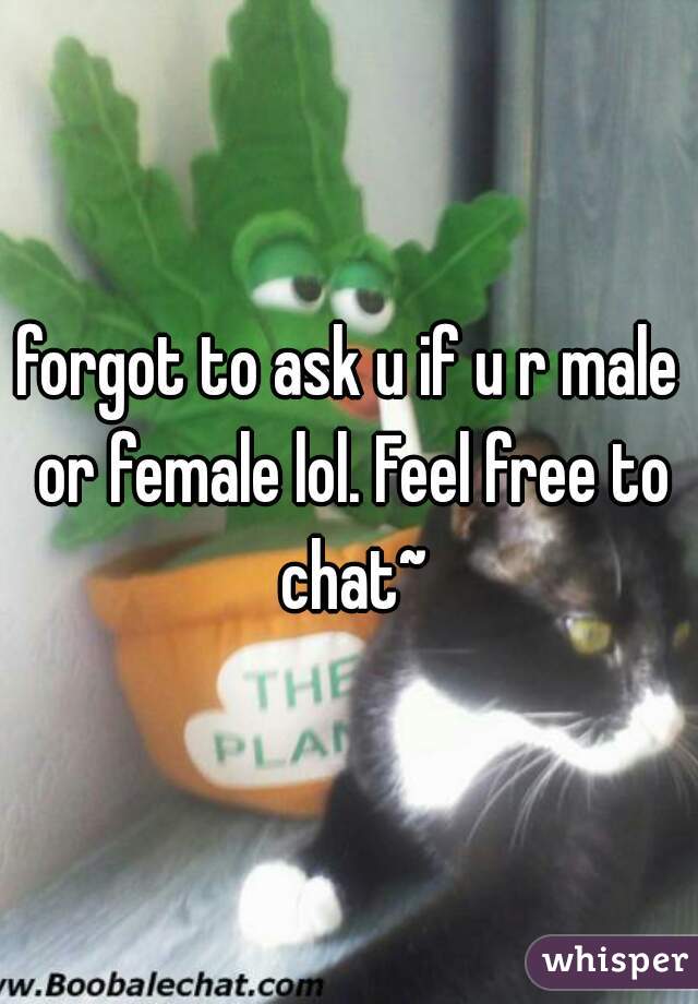 forgot to ask u if u r male or female lol. Feel free to chat~